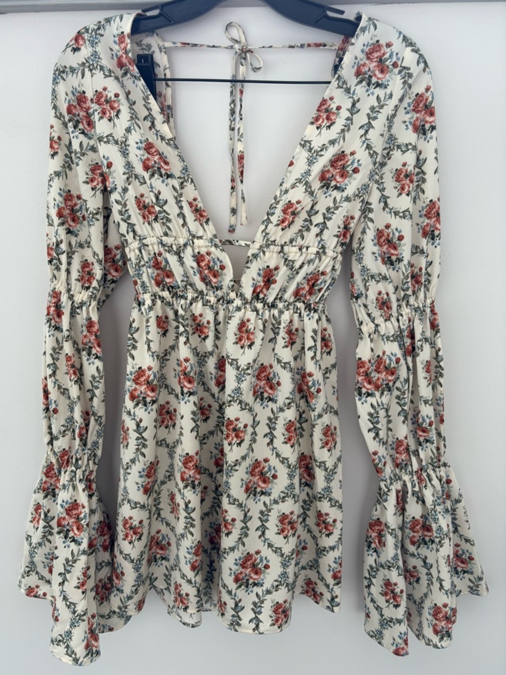 WeWoreWhat Cream Floral Smocked Deep V-Neck Mini Dress